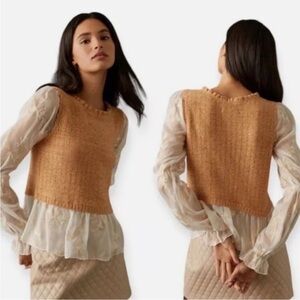Anthropologie Tan Knit Blouse with Sheer White Sleeves